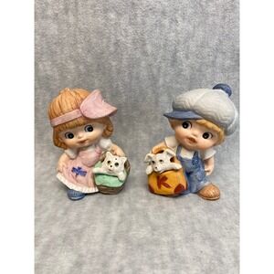 Homco Ceramic Figurines Boy & Girl with Pet Kittens Vintage Collectibles